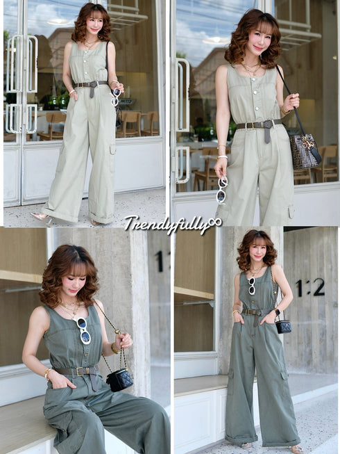 Wide Neck Sleeveless Belted Loose-wear Jumpsuit